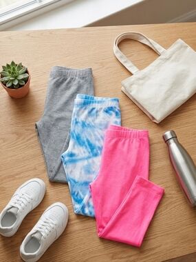 Big Girls Legging Bundle - Pink, Gray, and Blue Tie-Dye Leggings